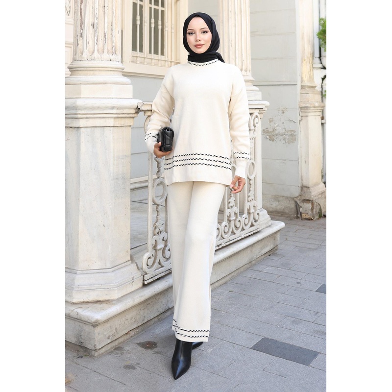 Stripe Detailed Knitwear Suit White 6151