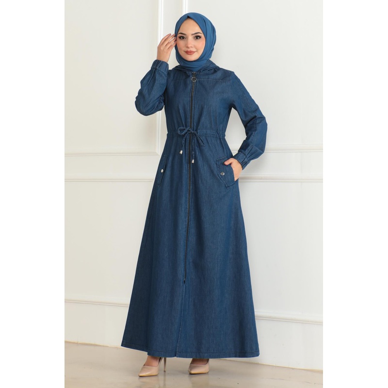 Tied Waist Denim Abaya Dark Blue 19226