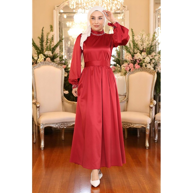 Pearl Satin Evening Dress Burgundy 19121