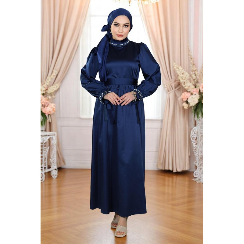 Pearl Satin Evening Dress Navy Blue 19121