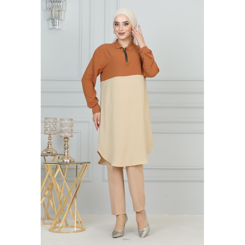 Zipper Detailed Tunic Cream 6098