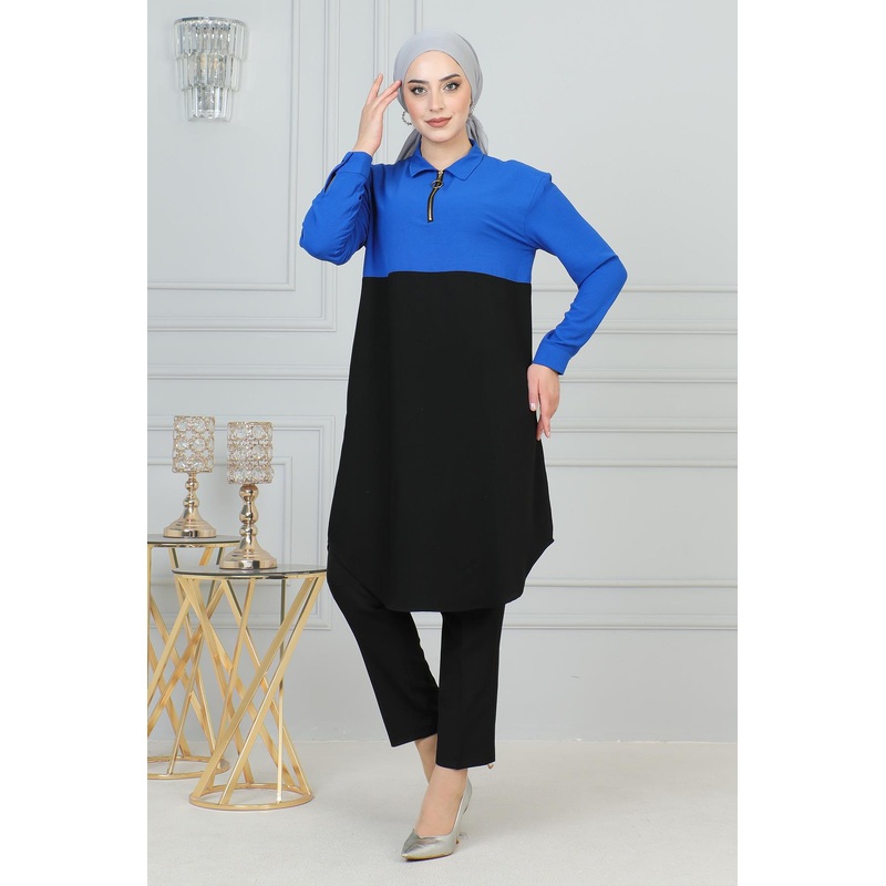 Zipper Detailed Tunic Indigo 6098