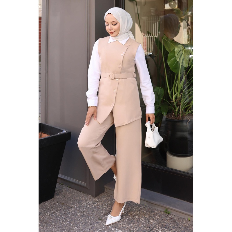 Belted Vest And Trouser Suit Beige 19250