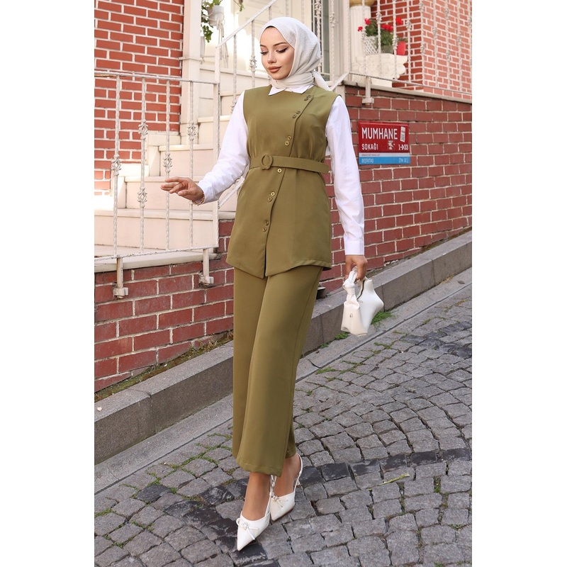 Belted Vest And Trouser Suit Khaki 19250