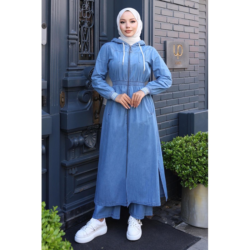 Elastic Waist Hooded Denim Set Light Blue Msw19370-1