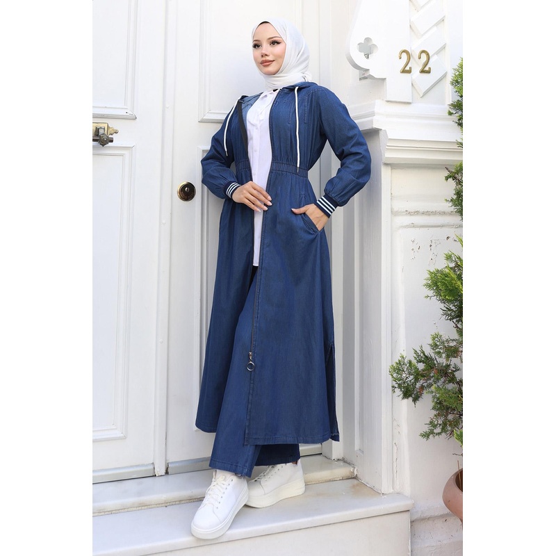 Elastic Waist Hooded Denim Suit Dark Blue Msw19370-2