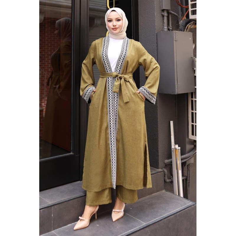 Ethnic Patterned Kimono Suit Khaki Msw19251-4