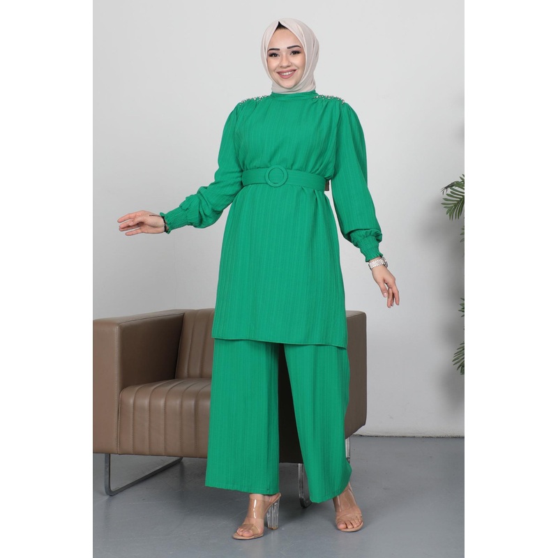 Stone Detailed Belted Set Green Msw19112