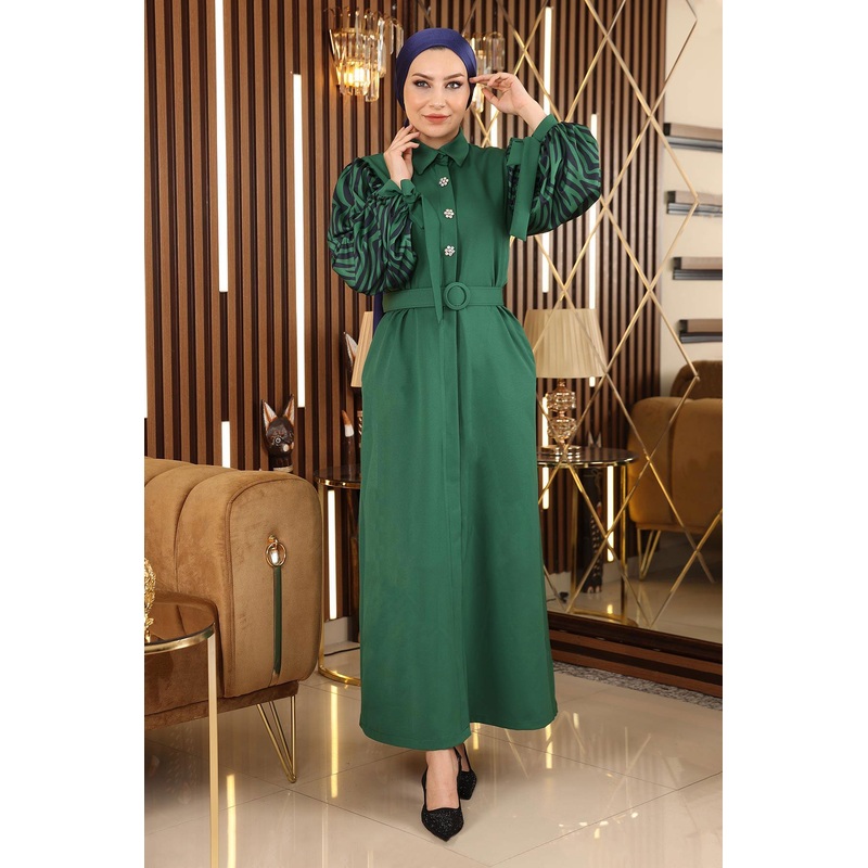 Stone Detailed Patterned Abaya Emerald Msw19127