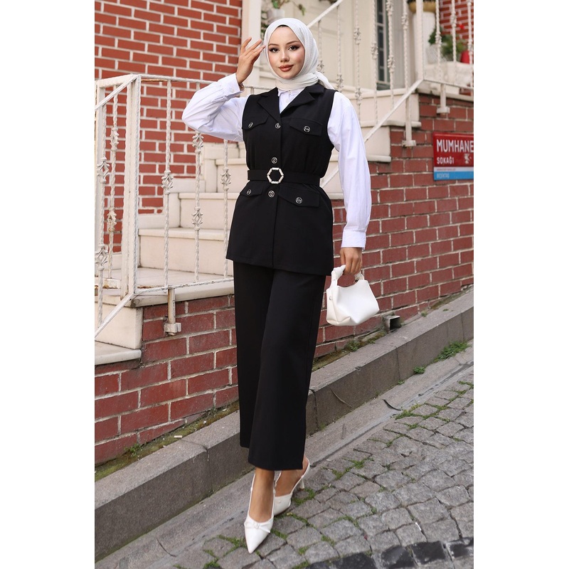 Vest Suit With Ornamental Pocket Detail Black Msw19249-1