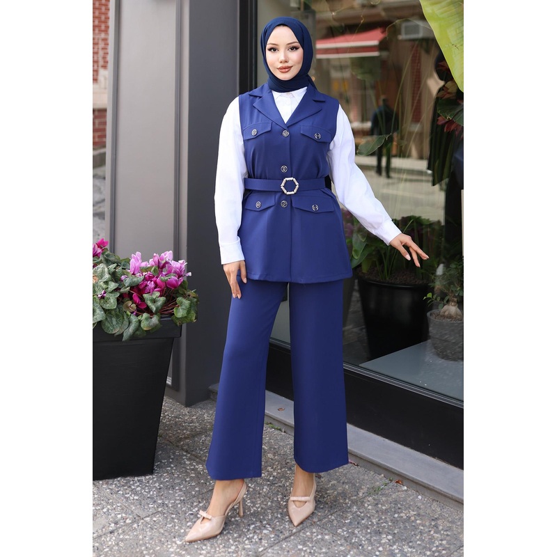 Vest Suit With Ornamental Pocket Detail Indigo Msw19249-2