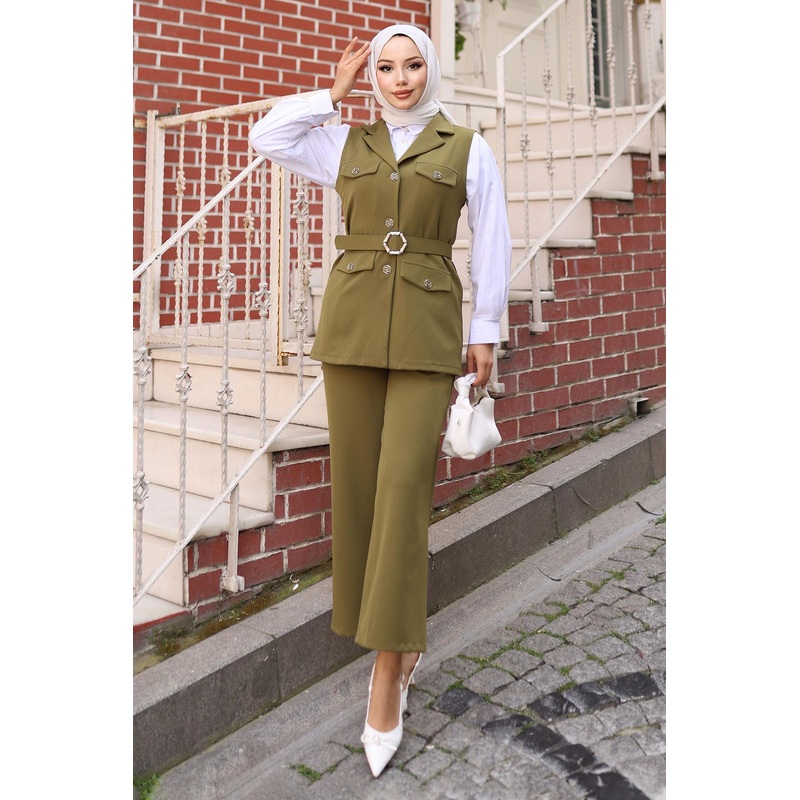 Vest Suit With Ornamental Pocket Detail Khaki Msw19249-4