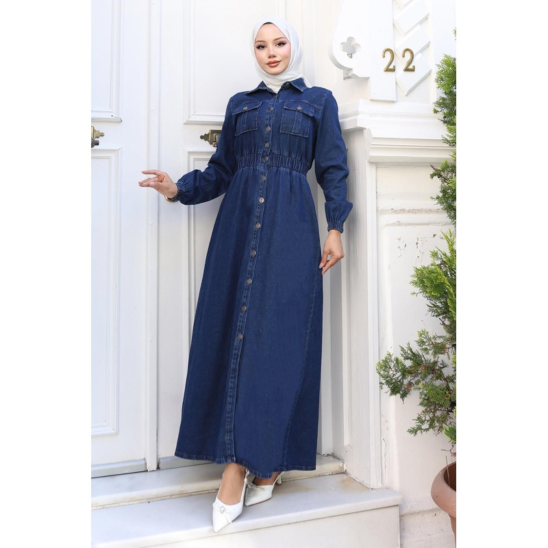 Elastic Waist Denim Abaya Dark Blue Msw19228-2