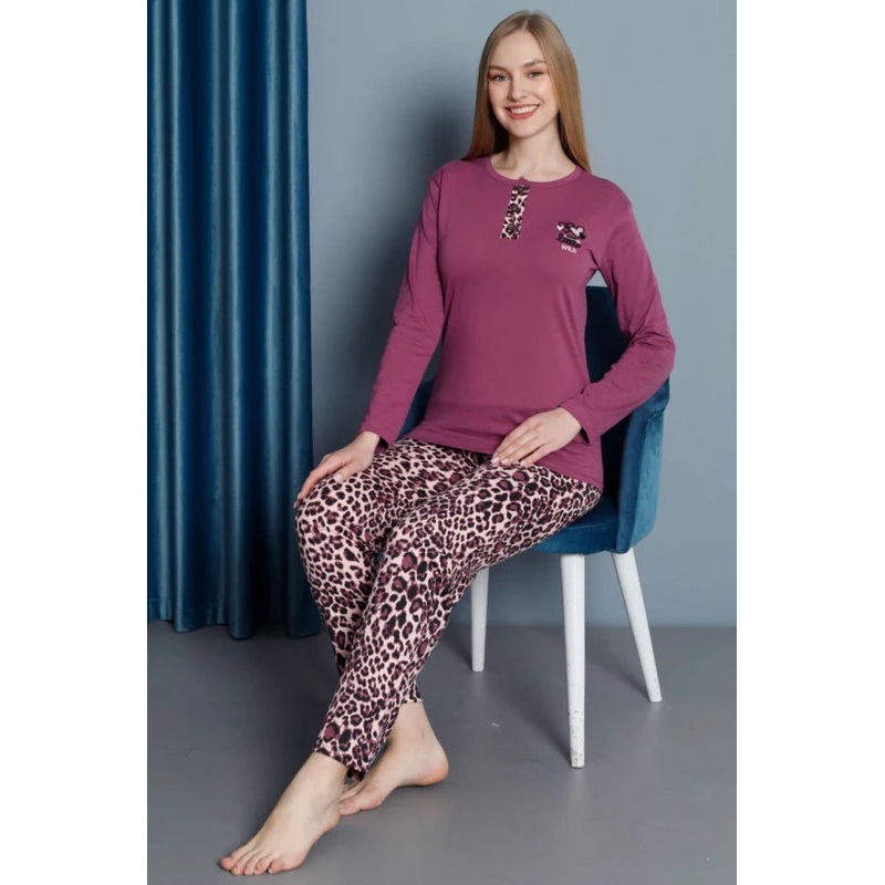 Leopard Pattern Long Sleeve Pajama Set Magenta