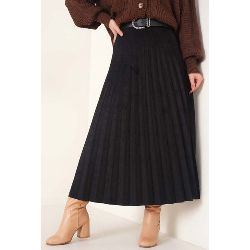 Pleated Suede Skirt Black