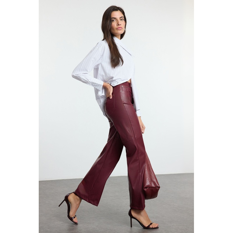 Women's Burgundy Straight Relaxed High Waist Trousers