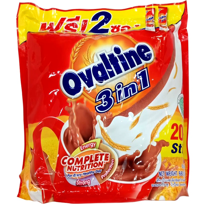 Ovaltine 3in1 Chocolate Flavour Malt Beveragel Size 30g Pack of 20+2Sticks