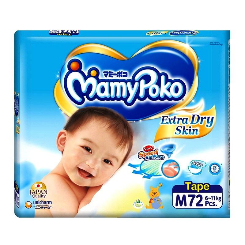 MamyPoko Extra Dry Skin Tape Baby Diaper Size M 6 -11kg For Boys And Girls Pack of 72 pcs