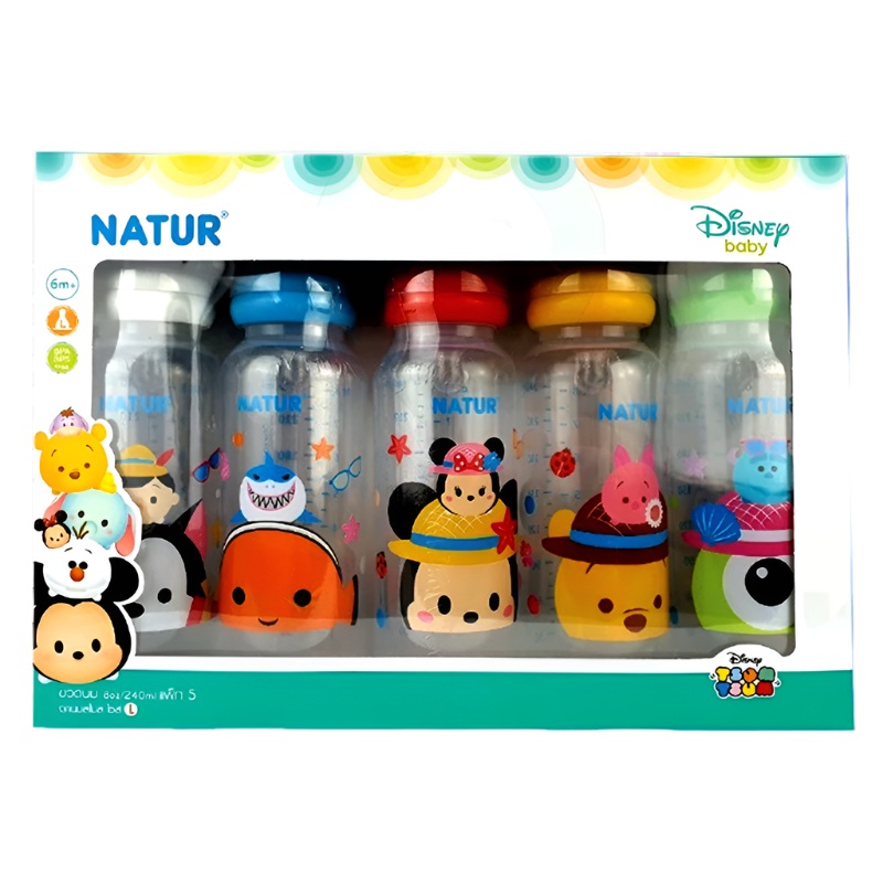 Natur Disney baby Tsum Tsum Feeding Bottle Round Shape Free BPA,BPS Size 8oz for baby 6months ++ pack of 5pcs