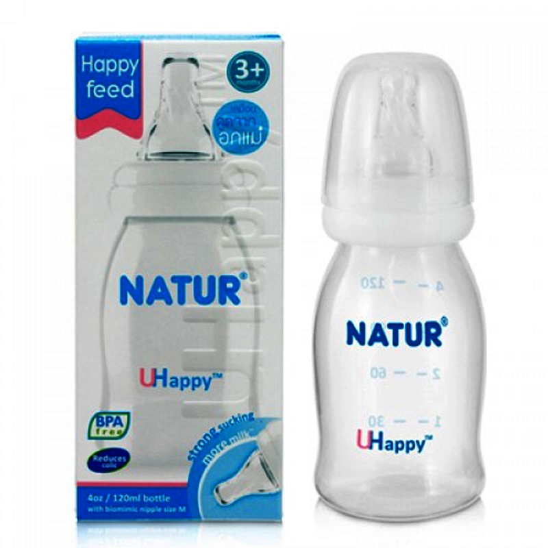 Natur Uhappy Feeding Bottle BPA Free With Biomimic nipple Size 4oz for baby 3months ++