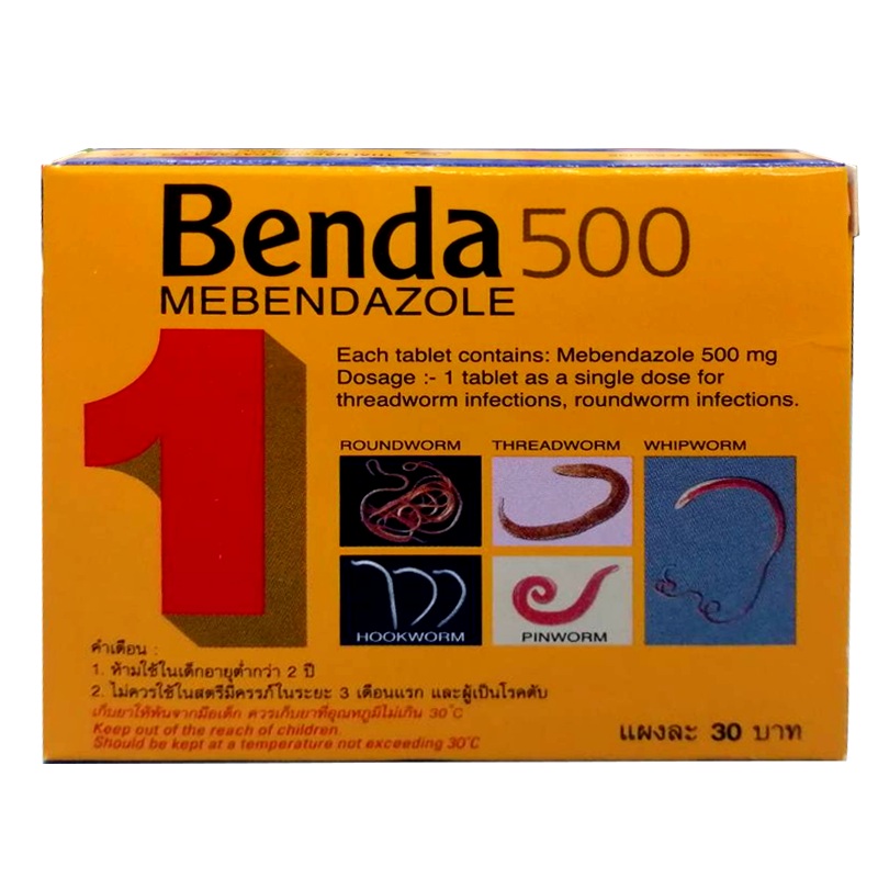Benda 500 Mebendazole for threadworm infection, roundworm infections. Size 500ml boxes 1 tablet