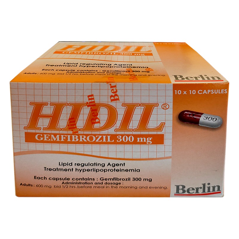 HIDIL Gemfibrozil 300 mg Lipid regulating Agent Treatment hyperlipoproteinemia boxes of 100 capsules