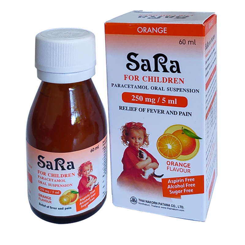 SaRa For Children Paracetamol Oral Suspension Relief of Fever and Pain Orange flavour Size 60 ml