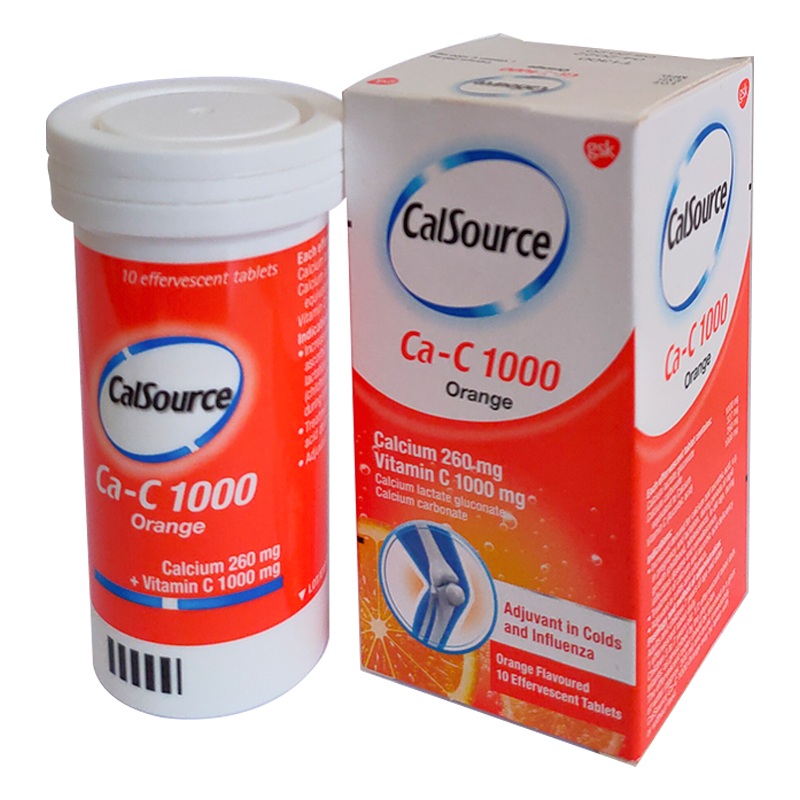CalSource Ca-C 1000 Calcium 260 mg and Vitamin C 1000 mg Orange flavoured boxes of 10 effervescent tablets