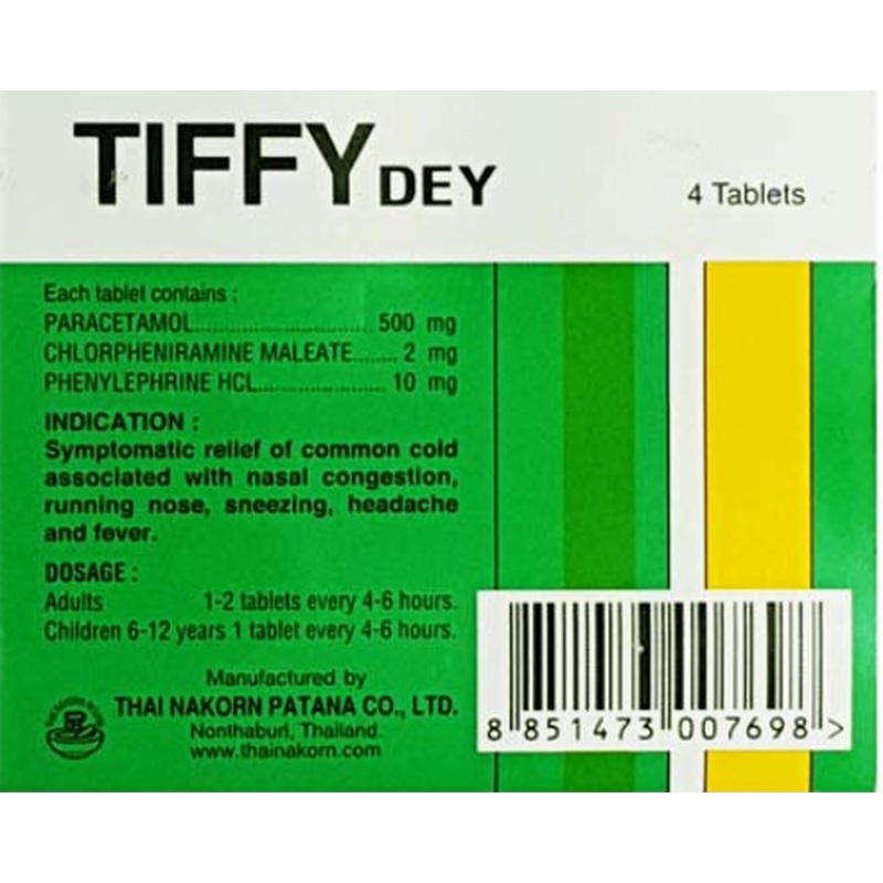 Tiffy Dey pack 4 tablets (The effective REAL drug against the symptoms of colds and flu tested by many travelers and guests of Thailand is Thai Tiffi tablets.)
