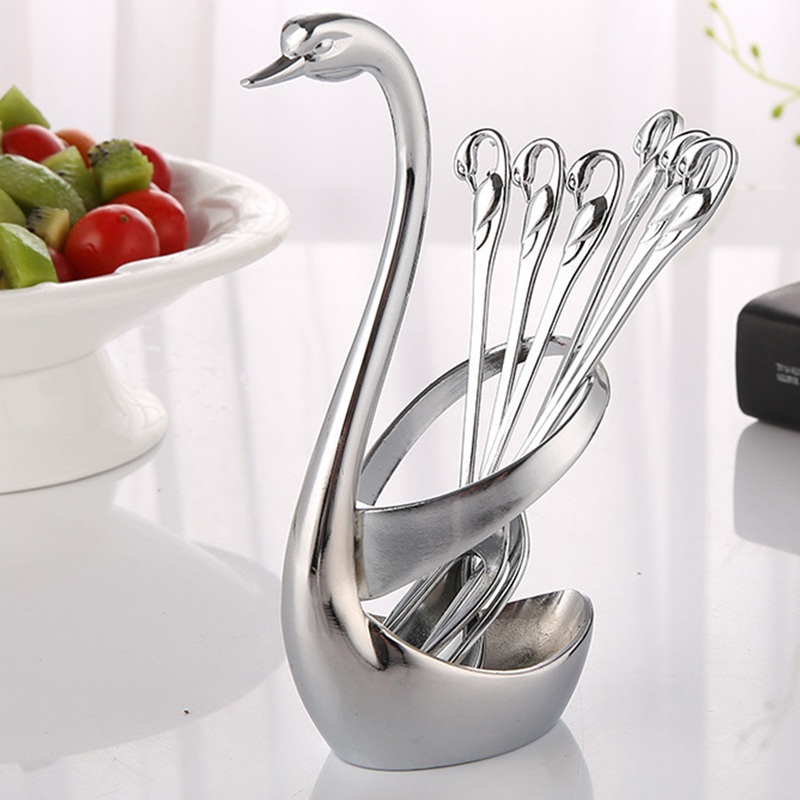 Swan Fruit Forks Spoons Set Stand Holder Tableware Stainless Steel Dinnerware Sets Wedding Party kitchen Fruit Fork Decoration